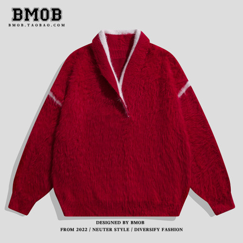 BMOB美式高級感仿貂毛毛衣重磅V領寬松潮牌設計感小衆針織衫外套 BMOB美式高級感仿貂毛毛衣重磅V領寬松潮牌設計感小衆針織衫外套