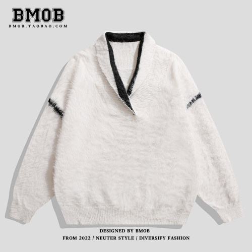 BMOB美式高級感仿貂毛毛衣重磅V領寬松潮牌設計感小衆針織衫外套 BMOB美式高級感仿貂毛毛衣重磅V領寬松潮牌設計感小衆針織衫外套