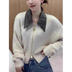 歐貨高級感皮POLO領拼接針織開衫雙頭拉鍊慵懶風浣熊絨外套上衣女