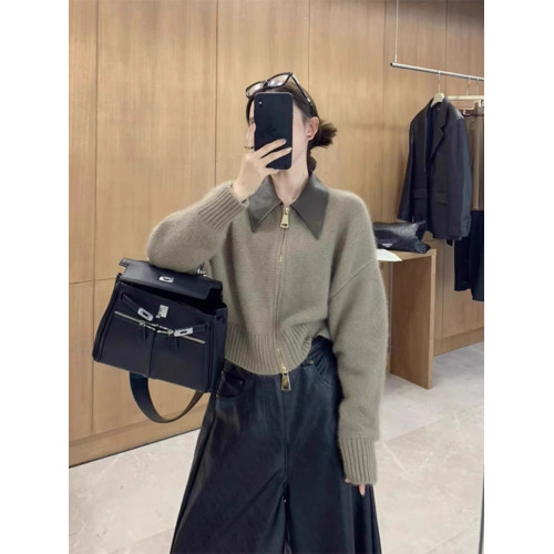 歐貨高級感皮POLO領拼接針織開衫雙頭拉鍊慵懶風浣熊絨外套上衣女 歐貨高級感皮POLO領拼接針織開衫雙頭拉鍊慵懶風浣熊絨外套上衣女