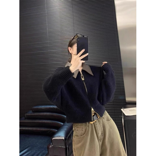 歐貨高級感皮POLO領拼接針織開衫雙頭拉鍊慵懶風浣熊絨外套上衣女 歐貨高級感皮POLO領拼接針織開衫雙頭拉鍊慵懶風浣熊絨外套上衣女