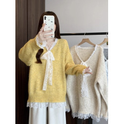 大碼純色蕾絲V領毛衣女裝秋冬寬松時尚減齡胖MM顯瘦百搭針織上衣