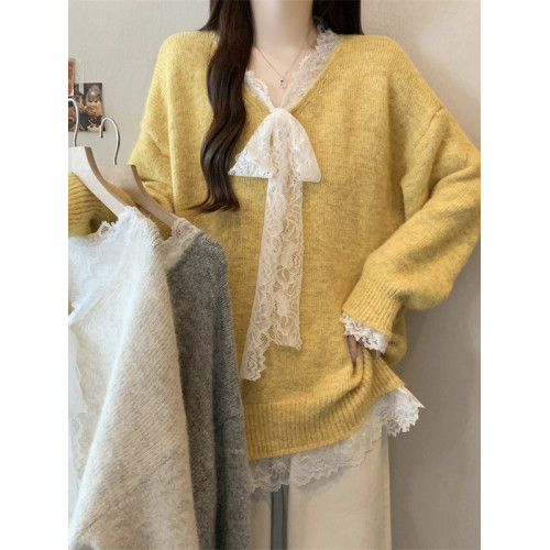 大碼純色蕾絲V領毛衣女裝秋冬寬松時尚減齡胖MM顯瘦百搭針織上衣 大碼純色蕾絲V領毛衣女裝秋冬寬松時尚減齡胖MM顯瘦百搭針織上衣