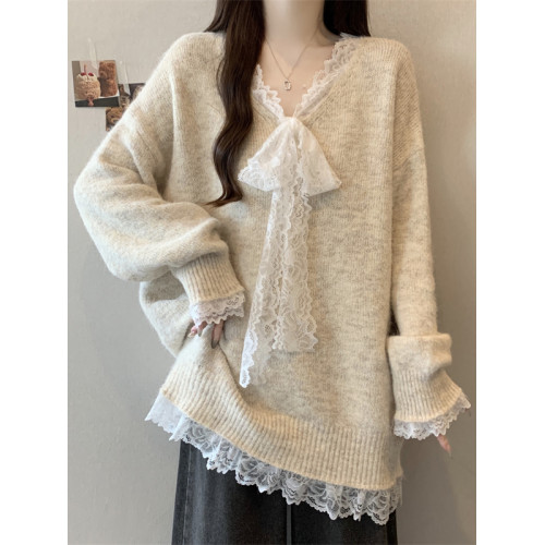 大碼純色蕾絲V領毛衣女裝秋冬寬松時尚減齡胖MM顯瘦百搭針織上衣 大碼純色蕾絲V領毛衣女裝秋冬寬松時尚減齡胖MM顯瘦百搭針織上衣