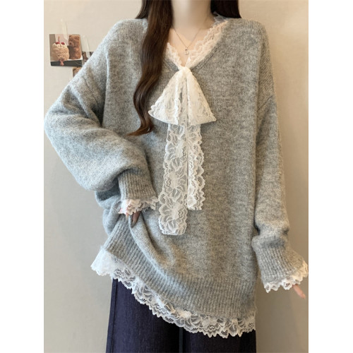 大碼純色蕾絲V領毛衣女裝秋冬寬松時尚減齡胖MM顯瘦百搭針織上衣 大碼純色蕾絲V領毛衣女裝秋冬寬松時尚減齡胖MM顯瘦百搭針織上衣