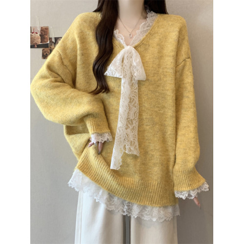 大碼純色蕾絲V領毛衣女裝秋冬寬松時尚減齡胖MM顯瘦百搭針織上衣 大碼純色蕾絲V領毛衣女裝秋冬寬松時尚減齡胖MM顯瘦百搭針織上衣