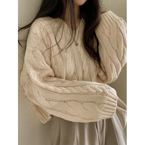 秋冬女裝批新款髮chic休閒復古長袖外穿寬松慵懶針織麻花短款毛衣 秋冬女裝批新款髮chic休閒復古長袖外穿寬松慵懶針織麻花短款毛衣