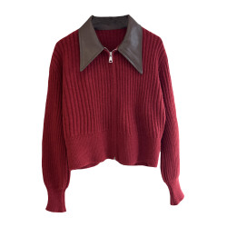 設計感拼接皮領毛衣外套女2025秋裝新款韓版修身顯瘦針織開衫上衣