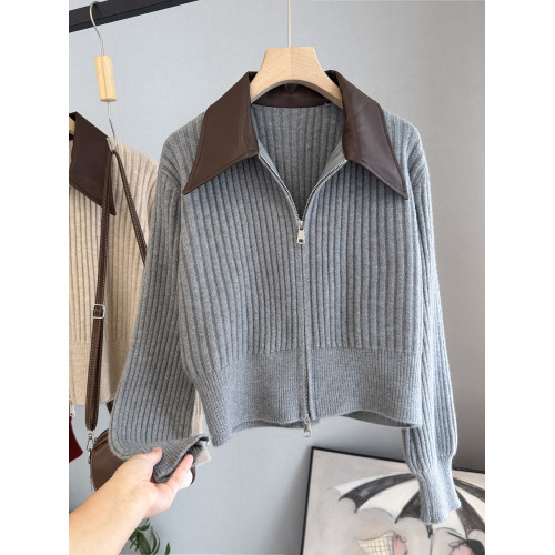 設計感拼接皮領毛衣外套女2025秋裝新款韓版修身顯瘦針織開衫上衣 設計感拼接皮領毛衣外套女2025秋裝新款韓版修身顯瘦針織開衫上衣