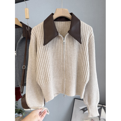 設計感拼接皮領毛衣外套女2025秋裝新款韓版修身顯瘦針織開衫上衣 設計感拼接皮領毛衣外套女2025秋裝新款韓版修身顯瘦針織開衫上衣