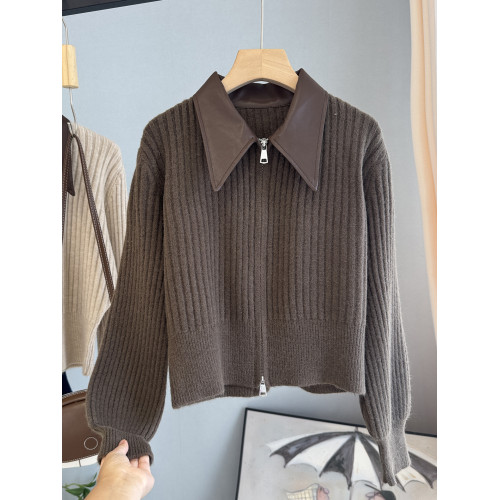 設計感拼接皮領毛衣外套女2025秋裝新款韓版修身顯瘦針織開衫上衣 設計感拼接皮領毛衣外套女2025秋裝新款韓版修身顯瘦針織開衫上衣