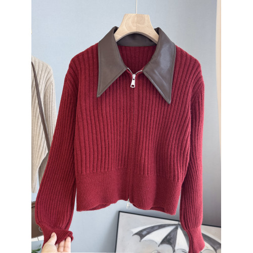 設計感拼接皮領毛衣外套女2025秋裝新款韓版修身顯瘦針織開衫上衣 設計感拼接皮領毛衣外套女2025秋裝新款韓版修身顯瘦針織開衫上衣