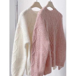 粉色浣熊絨麻花毛衣女秋冬軟糯慵懶風套頭羊絨打底針織衫加厚冬季