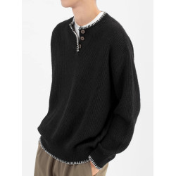 2025日系休閒黑色設計感紐釦套頭亨利領毛衣男簡約百搭針織上衣潮