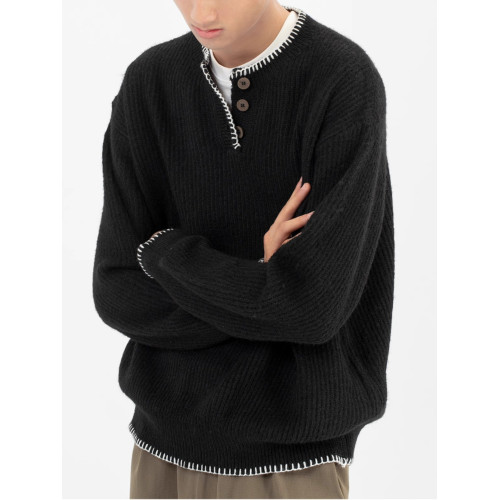 2025日系休閒黑色設計感紐釦套頭亨利領毛衣男簡約百搭針織上衣潮 2025日系休閒黑色設計感紐釦套頭亨利領毛衣男簡約百搭針織上衣潮