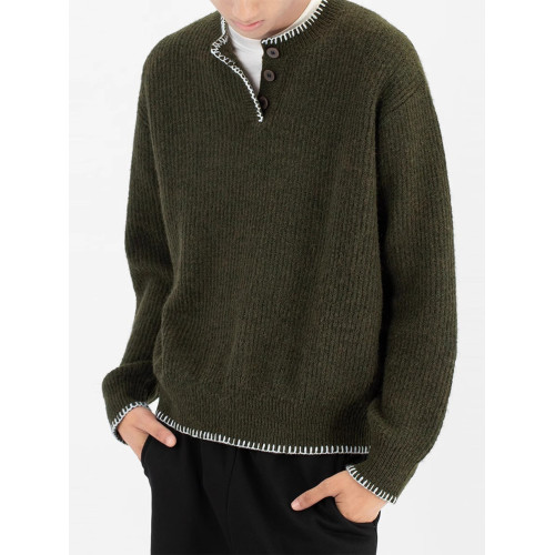 2025日系休閒黑色設計感紐釦套頭亨利領毛衣男簡約百搭針織上衣潮 2025日系休閒黑色設計感紐釦套頭亨利領毛衣男簡約百搭針織上衣潮