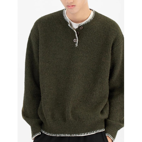 2025日系休閒黑色設計感紐釦套頭亨利領毛衣男簡約百搭針織上衣潮 2025日系休閒黑色設計感紐釦套頭亨利領毛衣男簡約百搭針織上衣潮