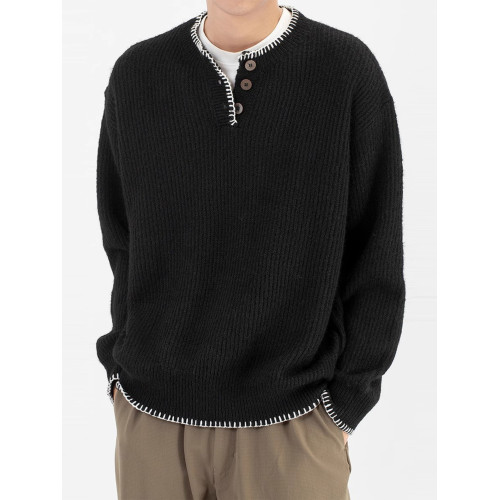 2025日系休閒黑色設計感紐釦套頭亨利領毛衣男簡約百搭針織上衣潮 2025日系休閒黑色設計感紐釦套頭亨利領毛衣男簡約百搭針織上衣潮