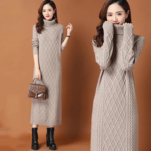加厚羊毛絨針織打底衫女秋冬中長款過膝毛衣裙高領麻花內搭連衣裙 加厚羊毛絨針織打底衫女秋冬中長款過膝毛衣裙高領麻花內搭連衣裙