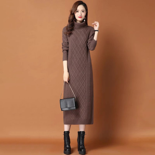 加厚羊毛絨針織打底衫女秋冬中長款過膝毛衣裙高領麻花內搭連衣裙 加厚羊毛絨針織打底衫女秋冬中長款過膝毛衣裙高領麻花內搭連衣裙