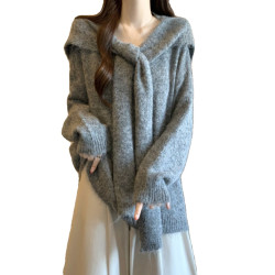 假兩件披肩海軍領灰色正肩毛衣女2025冬新款大碼胖mm中長款針織衫