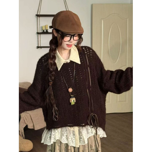 日系復古鏤空套頭毛衣女秋冬外穿寬松慵懶風高級感針織衫長袖上衣 日系復古鏤空套頭毛衣女秋冬外穿寬松慵懶風高級感針織衫長袖上衣