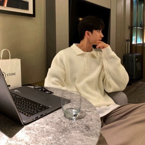 白色polo領毛衣男款秋冬季新款港風復古日系重磅慵懶風翻領針織衫 白色polo領毛衣男款秋冬季新款港風復古日系重磅慵懶風翻領針織衫