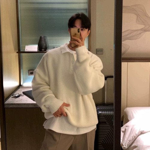白色polo領毛衣男款秋冬季新款港風復古日系重磅慵懶風翻領針織衫 白色polo領毛衣男款秋冬季新款港風復古日系重磅慵懶風翻領針織衫