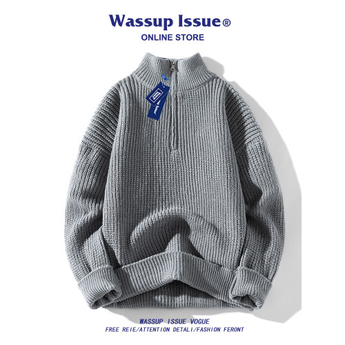 WASSUP ISSUE美式潮流半拉鍊純色針織衫男款春秋季痞帥情侶毛衣男 WASSUP ISSUE美式潮流半拉鍊純色針織衫男款春秋季痞帥情侶毛衣男