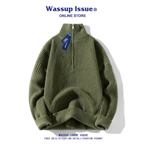WASSUP ISSUE美式潮流半拉鍊純色針織衫男款春秋季痞帥情侶毛衣男 WASSUP ISSUE美式潮流半拉鍊純色針織衫男款春秋季痞帥情侶毛衣男