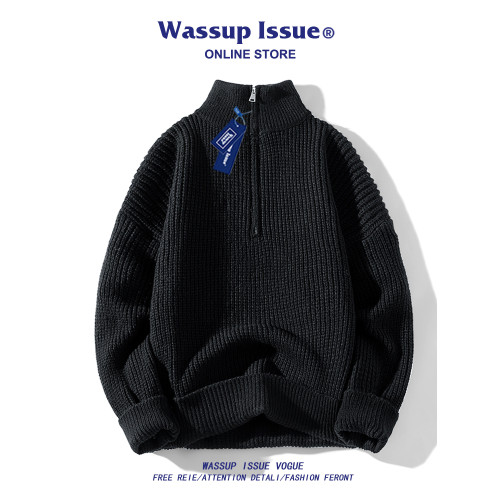 WASSUP ISSUE美式潮流半拉鍊純色針織衫男款春秋季痞帥情侶毛衣男 WASSUP ISSUE美式潮流半拉鍊純色針織衫男款春秋季痞帥情侶毛衣男