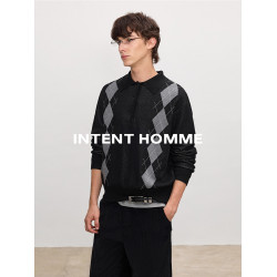 冬季保暖慵懶感菱形格針織衫上衣男款miu系休閒百搭長袖翻領毛衣