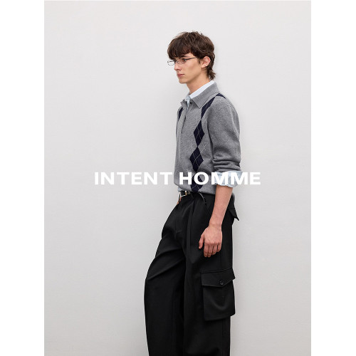 冬季保暖慵懶感菱形格針織衫上衣男款miu系休閒百搭長袖翻領毛衣