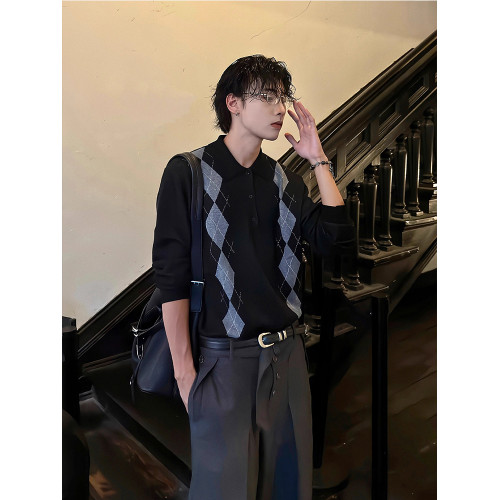 冬季保暖慵懶感菱形格針織衫上衣男款miu系休閒百搭長袖翻領毛衣