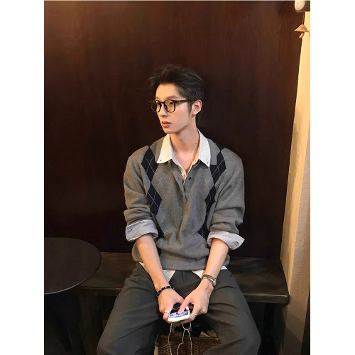 冬季保暖慵懶感菱形格針織衫上衣男款miu系休閒百搭長袖翻領毛衣