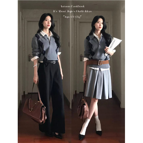 冬季保暖慵懶感菱形格針織衫上衣男款miu系休閒百搭長袖翻領毛衣