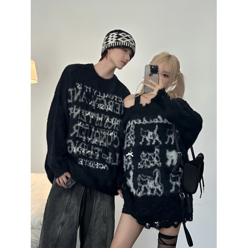 美式潮牌毛衣男女情侶裝秋冬寬松慵懶風仿貂毛軟糯小衆露肩針織衫