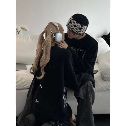 美式潮牌毛衣男女情侶裝秋冬寬松慵懶風仿貂毛軟糯小衆露肩針織衫