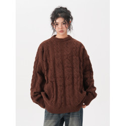 BWKA美式復古麻花圓領毛衣女男秋冬重磅加厚慵懶風寬松情侶針織衫