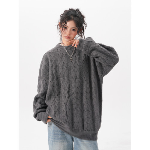 BWKA美式復古麻花圓領毛衣女男秋冬重磅加厚慵懶風寬松情侶針織衫 BWKA美式復古麻花圓領毛衣女男秋冬重磅加厚慵懶風寬松情侶針織衫