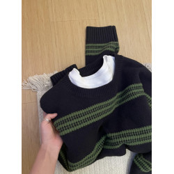 韓系條紋撞色毛衣女秋冬新款高級感寬松慵懶風軟糯內搭針織衫上衣