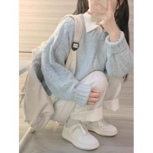 圓領純色加厚毛衣女外穿2025秋冬新款寬松慵懶風麻花針織套頭上衣 圓領純色加厚毛衣女外穿2025秋冬新款寬松慵懶風麻花針織套頭上衣