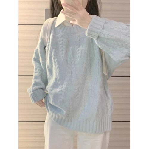 圓領純色加厚毛衣女外穿2025秋冬新款寬松慵懶風麻花針織套頭上衣 圓領純色加厚毛衣女外穿2025秋冬新款寬松慵懶風麻花針織套頭上衣