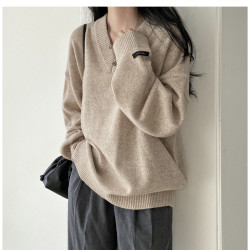 大碼慵懶風灰色v領毛衣女秋季胖mm中長款寬松顯瘦外穿針織上衣