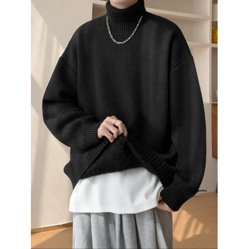 V37日系復古純色高領毛衣男秋重磅休閒情侶針織衫潮牌慵懶風內搭