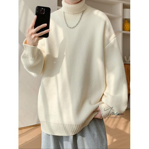 V37日系復古純色高領毛衣男秋重磅休閒情侶針織衫潮牌慵懶風內搭