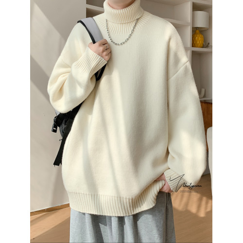 V37日系復古純色高領毛衣男秋重磅休閒情侶針織衫潮牌慵懶風內搭