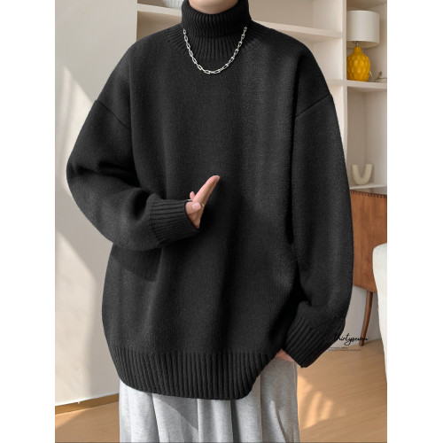 V37日系復古純色高領毛衣男秋重磅休閒情侶針織衫潮牌慵懶風內搭