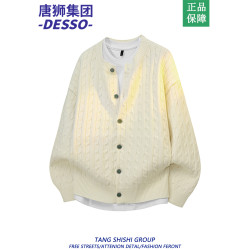 唐獅集團DESSO灰色麻花開衫毛衣男秋季針織外套寬松情侶圓領上衣