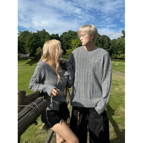 小衆設計感情侶裝毛衣2025秋冬一字肩純欲顯瘦針織衫一長一短上衣